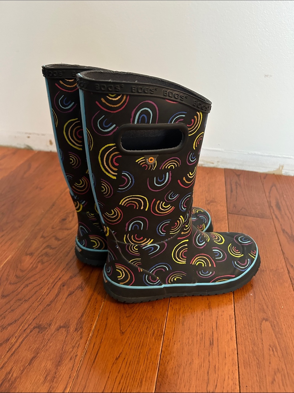 Bogs Kids Black Rain Boots with Multicolor Rainbow Accents